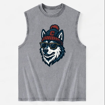 Storrs Husky wearing UConn beanie with C patch - Vintage Washed Tank - Grey