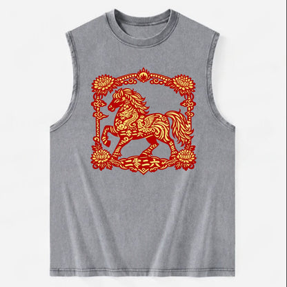 HORSE | Silk style horse design | Gold and silver thread appearance | Phoenix - Vintage Washed Tank - Grey
