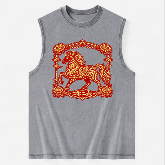 HORSE | Silk style horse design | Gold and silver thread appearance | Phoenix - Vintage Washed Tank - Grey