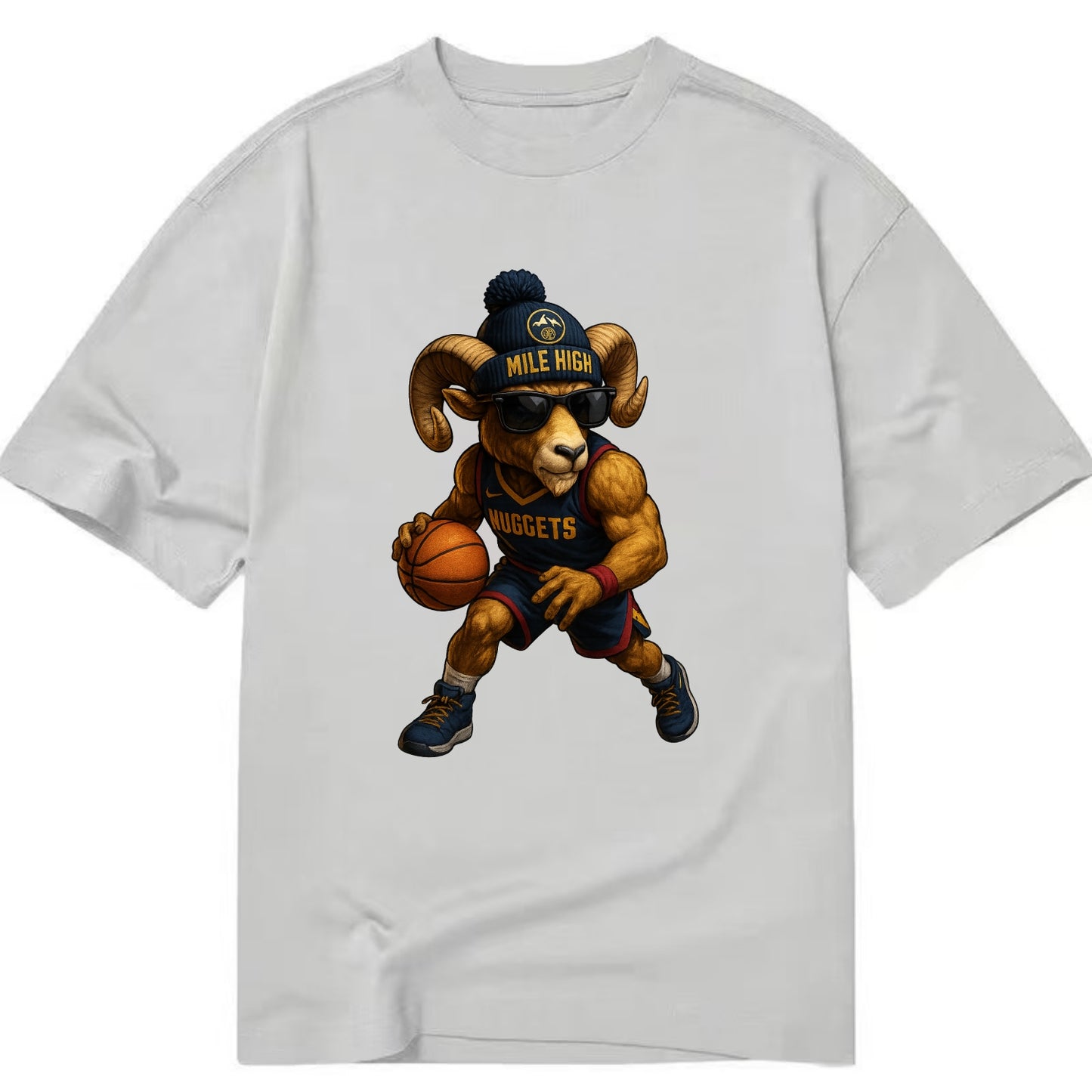 Mile High Bighorn wearing Nuggets beanie with mountain patch and wayfarer - Classic T-shirt - Grey