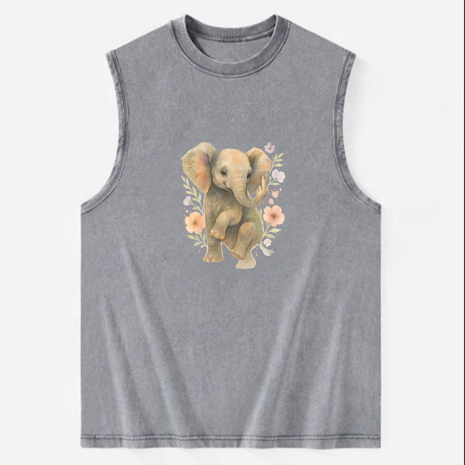 baby elephant with trunk up, one foot raised with middle toe extended - Vintage Washed Tank - Grey