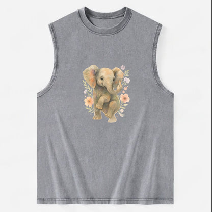 baby elephant with trunk up, one foot raised with middle toe extended - Vintage Washed Tank - Grey