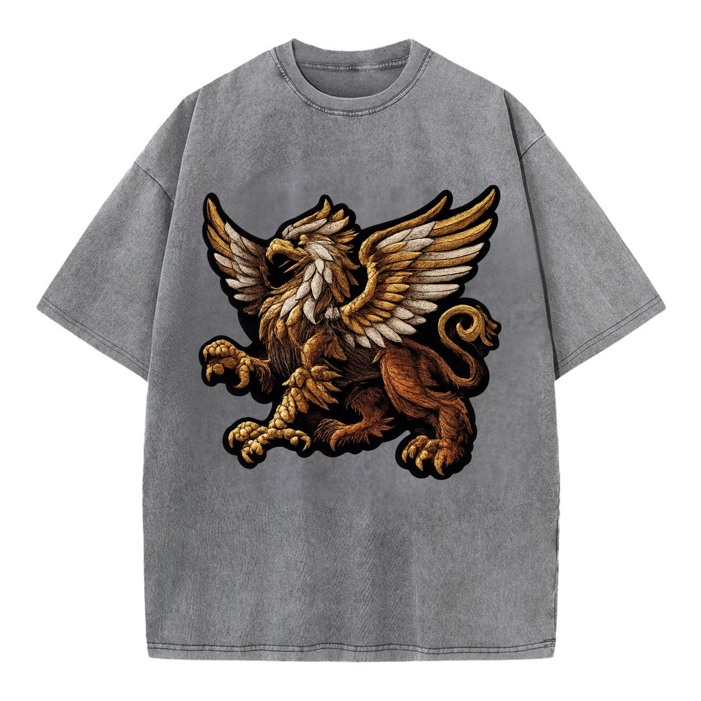 GRIFFIN BEAST - lion eagle hybrid in gold and brown , heraldic - Vintage T-shirt - Grey