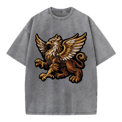 GRIFFIN BEAST - lion eagle hybrid in gold and brown , heraldic - Vintage T-shirt - Grey