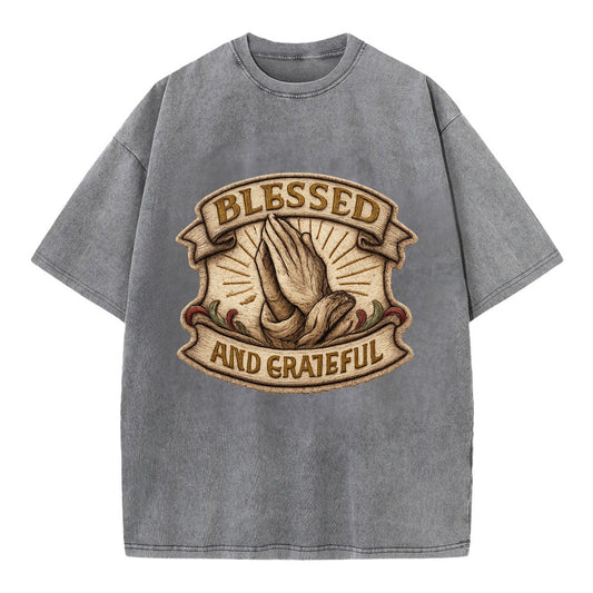 BLESSED AND GRATEFUL - praying hands with text in gold , thankful - Vintage T-shirt - Grey
