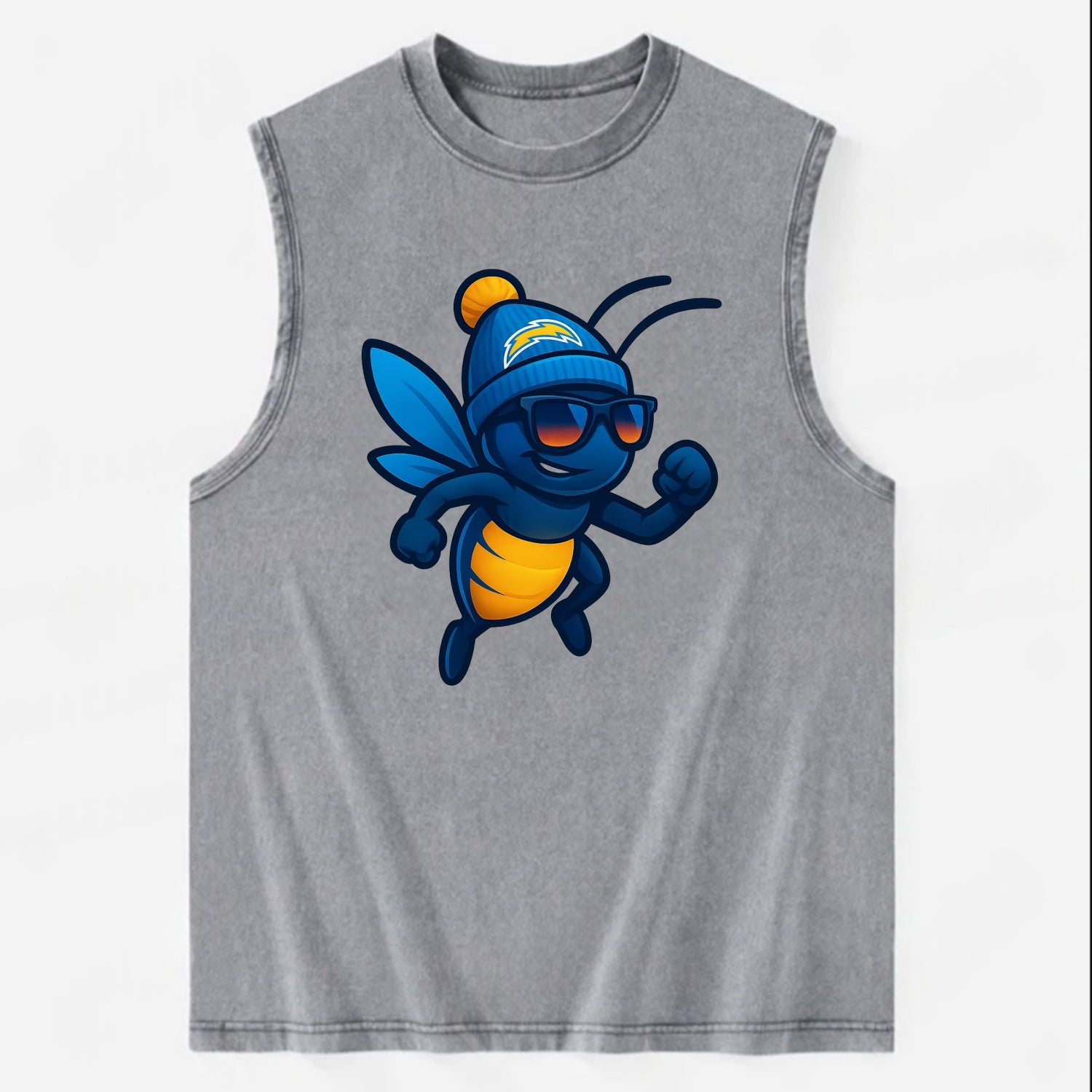 LA Lightning Bug wearing Chargers powder blue and gold beanie with pom pom - Vintage Washed Tank - Grey