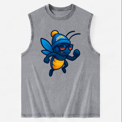 LA Lightning Bug wearing Chargers powder blue and gold beanie with pom pom - Vintage Washed Tank - Grey