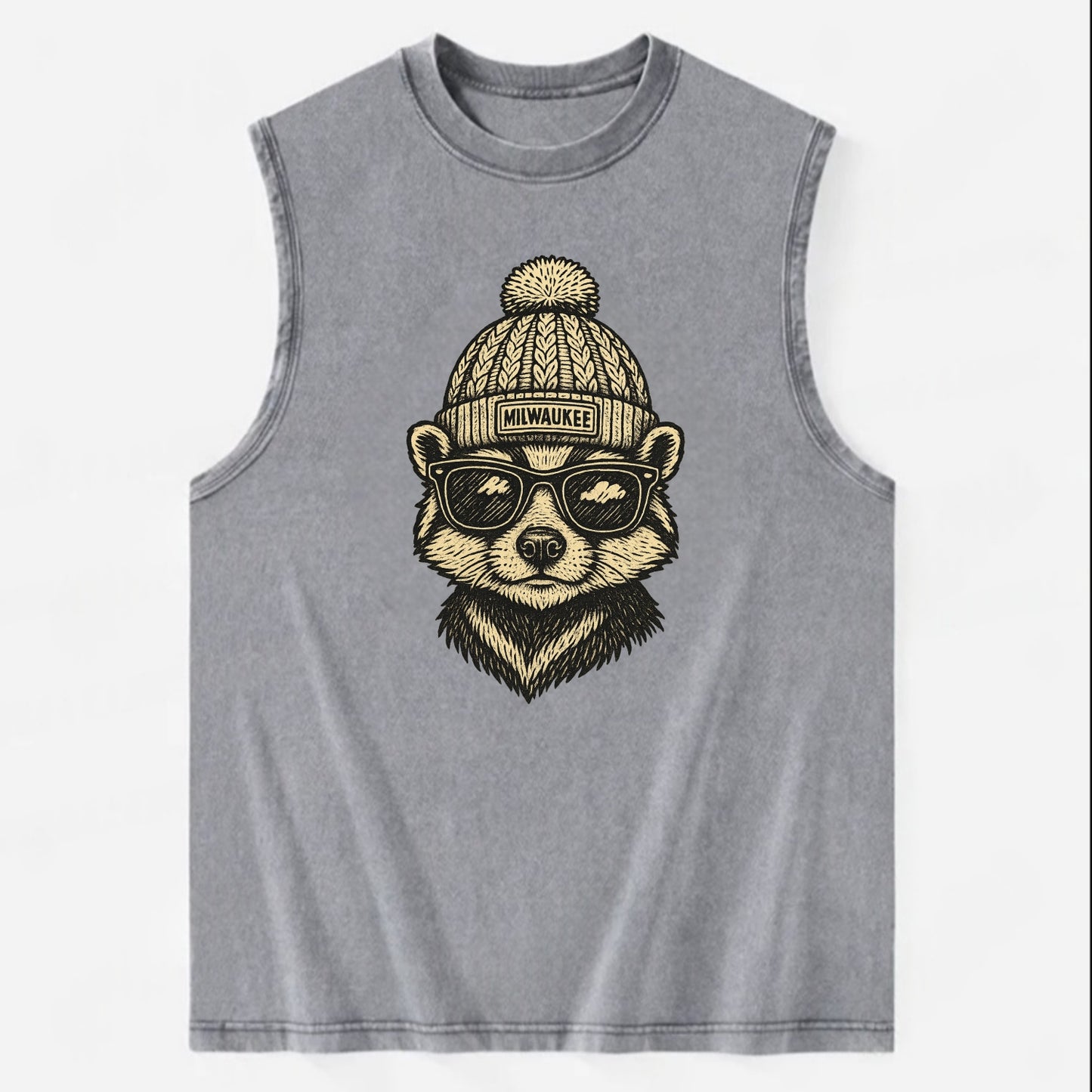 Wisconsin Badger wearing Milwaukee beanie with pom pom and wayfarer sunglasses - Vintage Washed Tank - Grey