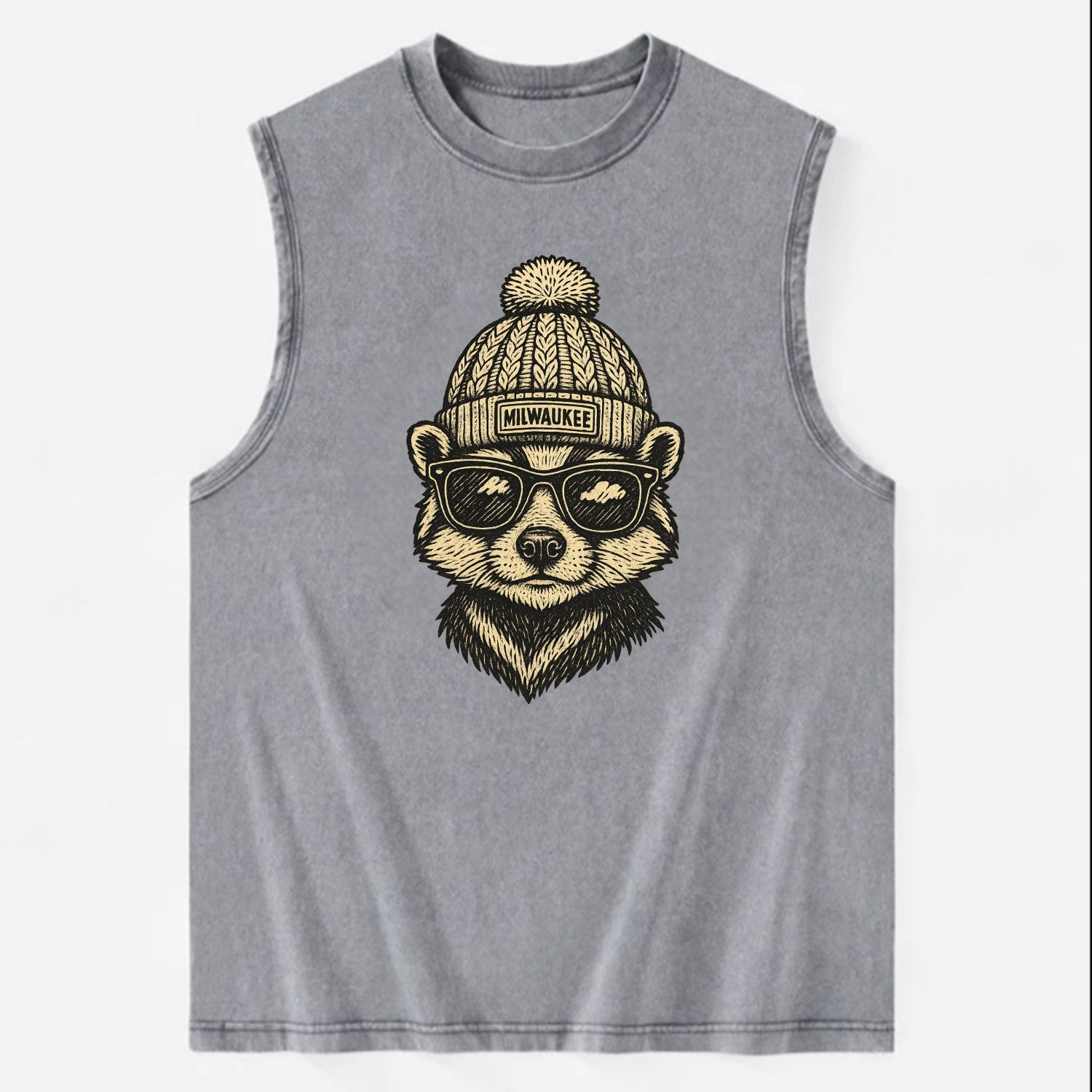 Wisconsin Badger wearing Milwaukee beanie with pom pom and wayfarer sunglasses - Vintage Washed Tank - Grey