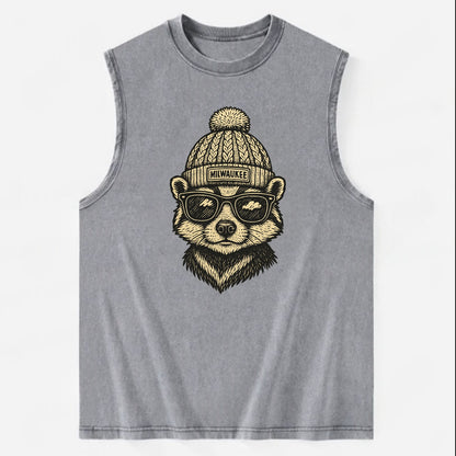 Wisconsin Badger wearing Milwaukee beanie with pom pom and wayfarer sunglasses - Vintage Washed Tank - Grey