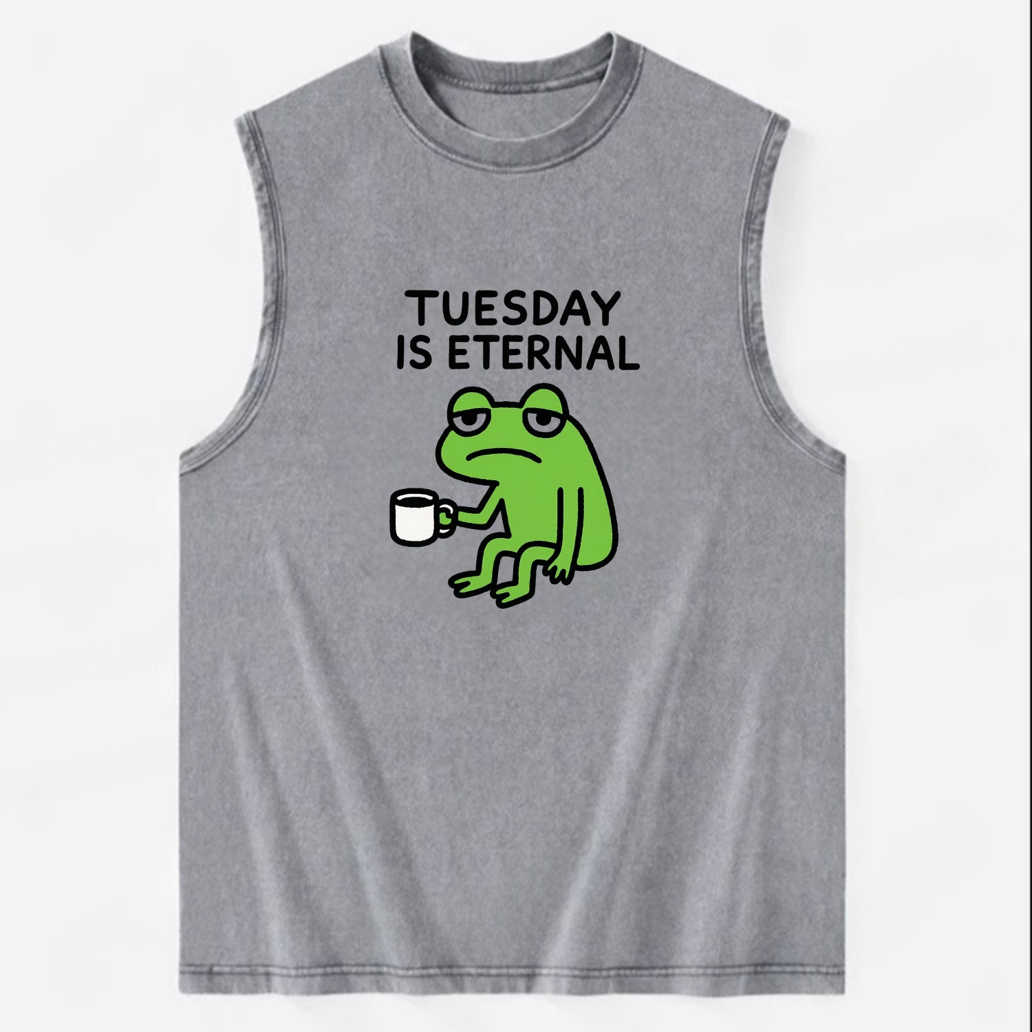TUESDAY IS ETERNAL | Tired frog with coffee cup - Vintage Washed Tank - Grey