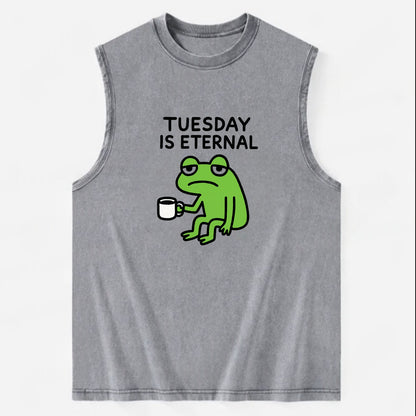 TUESDAY IS ETERNAL | Tired frog with coffee cup - Vintage Washed Tank - Grey