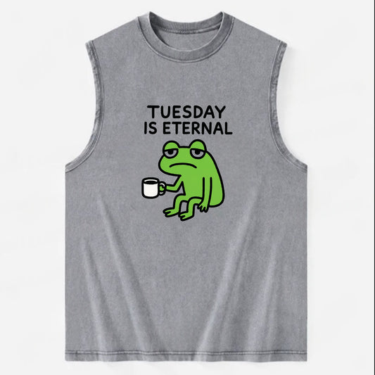 TUESDAY IS ETERNAL | Tired frog with coffee cup - Vintage Washed Tank - Grey