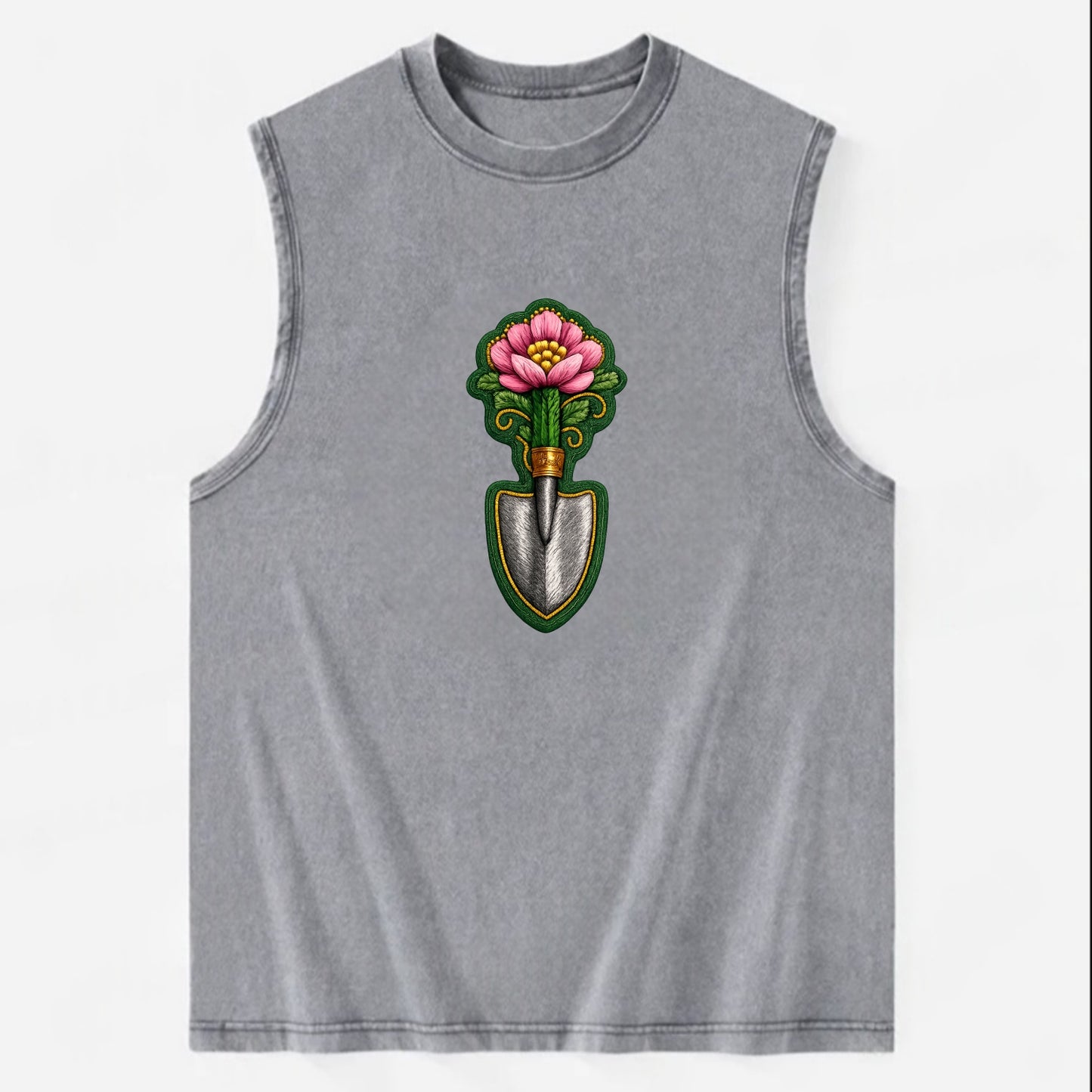 Embroidered patch design - GARDENING TROWEL FLOWER - garden tool with - Vintage Washed Tank - Grey