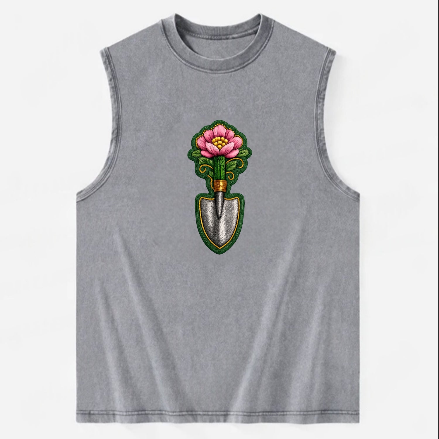 Embroidered patch design - GARDENING TROWEL FLOWER - garden tool with - Vintage Washed Tank - Grey