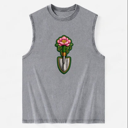 Embroidered patch design - GARDENING TROWEL FLOWER - garden tool with - Vintage Washed Tank - Grey