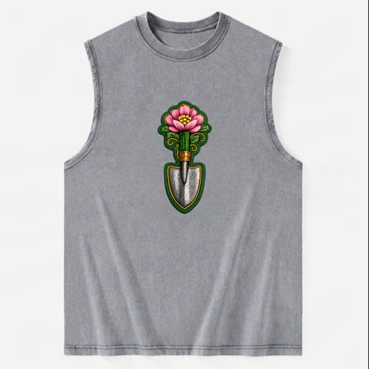 Embroidered patch design - GARDENING TROWEL FLOWER - garden tool with - Vintage Washed Tank - Grey