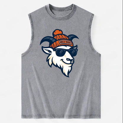 Denver Mountain Goat wearing Broncos beanie with Mile High patch and wayfarer - Vintage Washed Tank - Grey