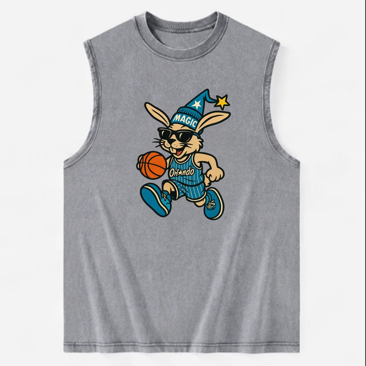 Orlando Rabbit wearing Magic blue and silver beanie with wizard hat and - Vintage Washed Tank - Grey