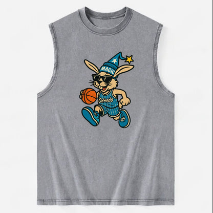 Orlando Rabbit wearing Magic blue and silver beanie with wizard hat and - Vintage Washed Tank - Grey
