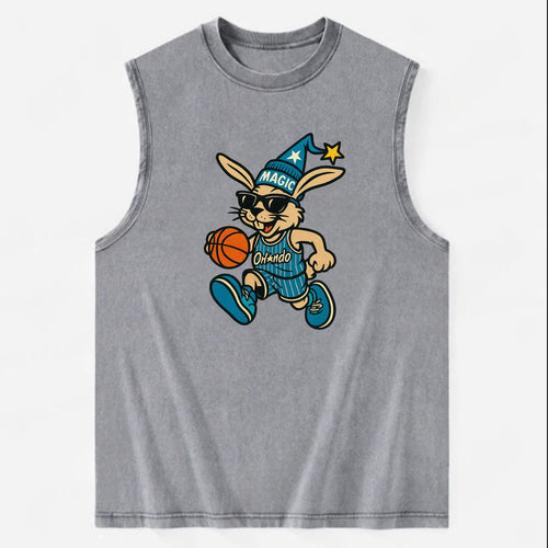 Orlando Rabbit wearing Magic blue and silver beanie with wizard hat and - Vintage Washed Tank