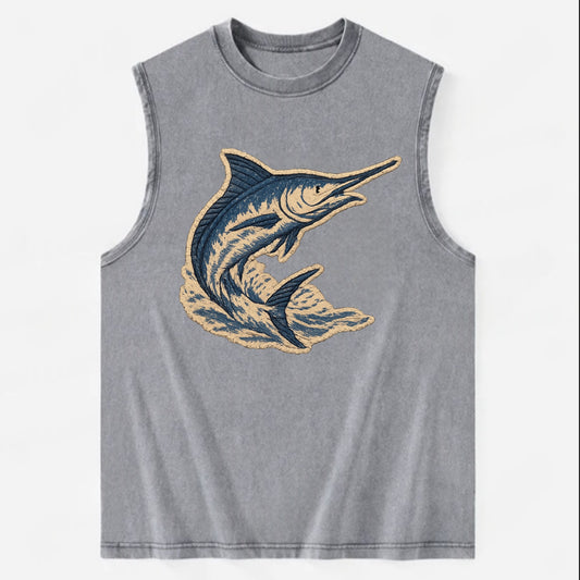 SWORDFISH MARLIN - leaping marlin in blue and silver , sport fishing - Vintage Washed Tank - Grey