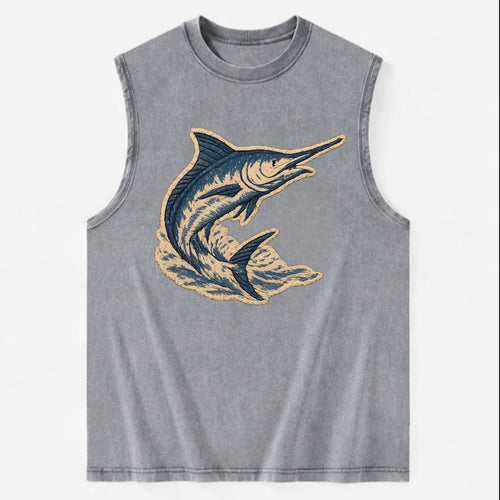 SWORDFISH MARLIN - leaping marlin in blue and silver , sport fishing - Vintage Washed Tank