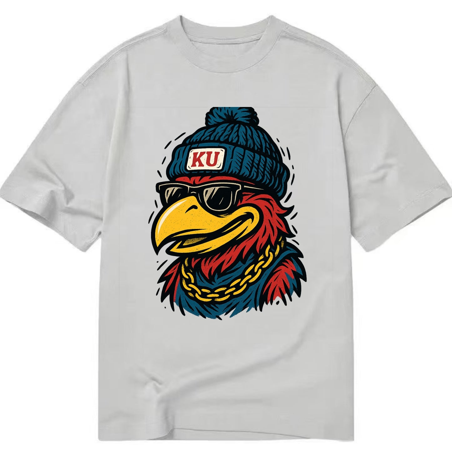 Lawrence Jayhawk wearing Kansas beanie with KU patch - Classic T-shirt - Grey