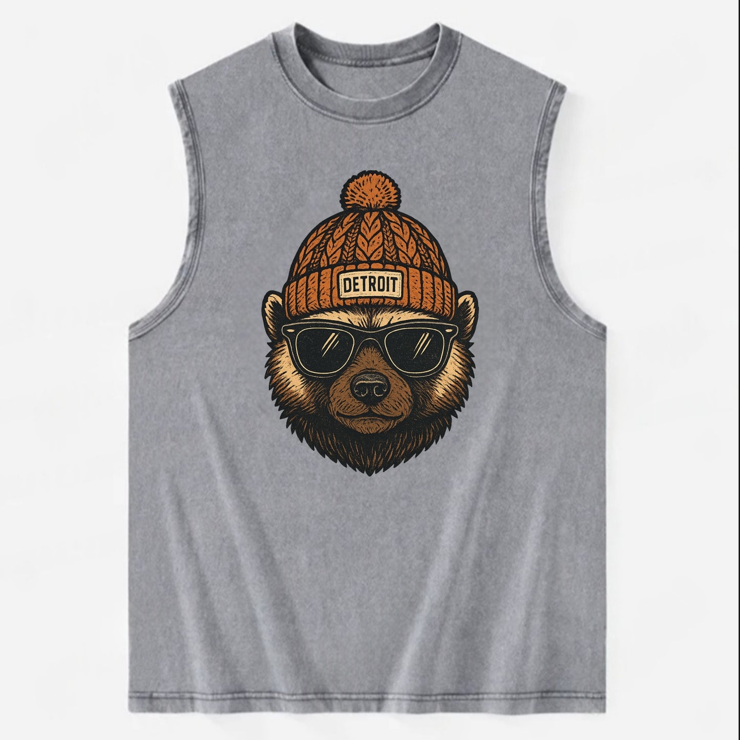 Detroit Wolverine wearing Detroit beanie with pom pom and wayfarer sunglasses - Vintage Washed Tank - Grey