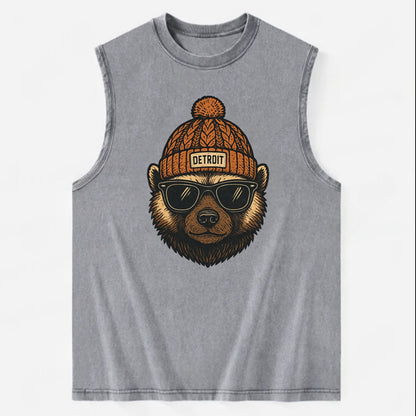 Detroit Wolverine wearing Detroit beanie with pom pom and wayfarer sunglasses - Vintage Washed Tank - Grey