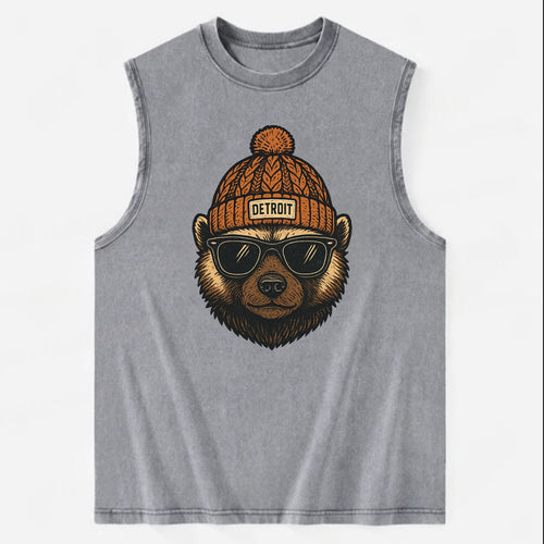 Detroit Wolverine wearing Detroit beanie with pom pom and wayfarer sunglasses - Vintage Washed Tank