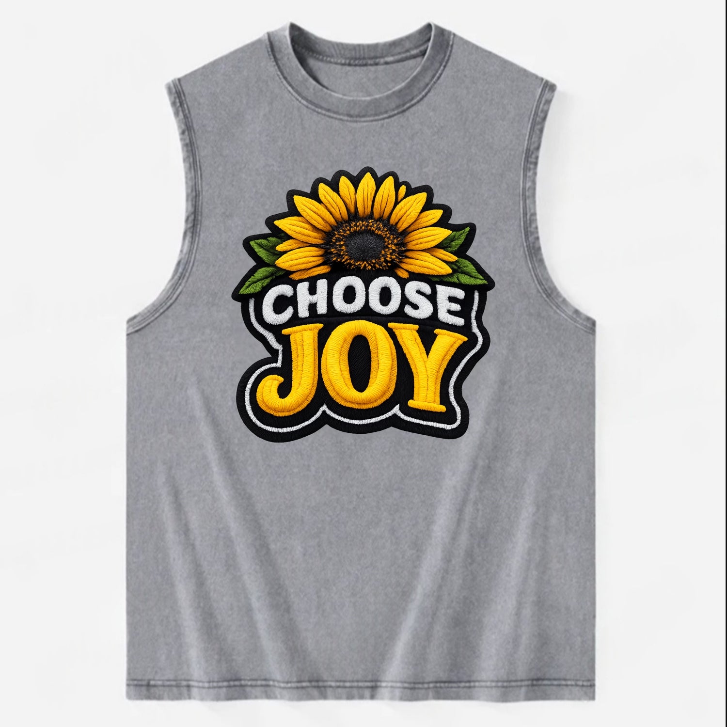 CHOOSE JOY - sunflower with text in yellow , happiness choice - Vintage Washed Tank - Grey