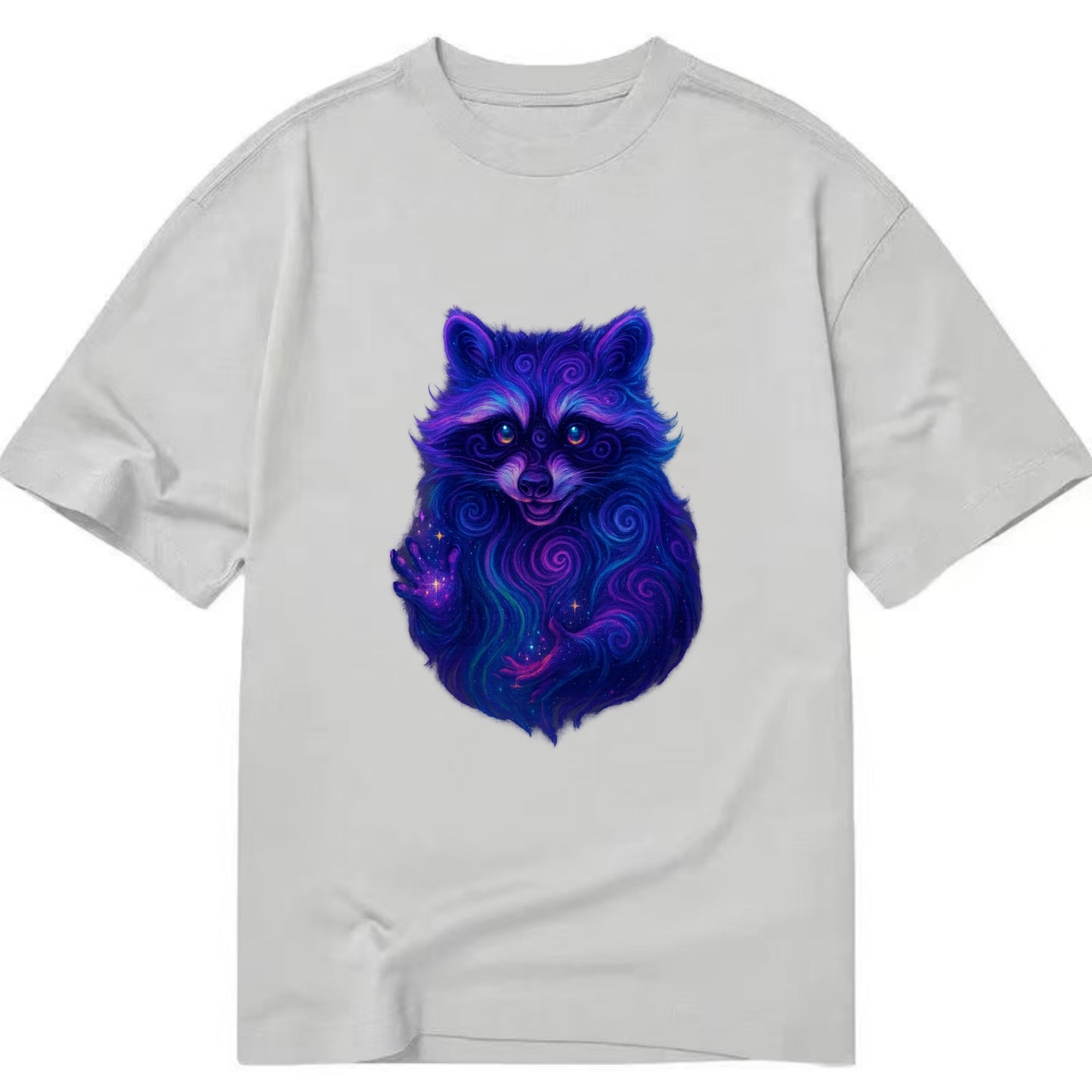 Playful raccoon with mask swirling in hypnotic patterns, neon purple and green - Classic T-shirt - Grey
