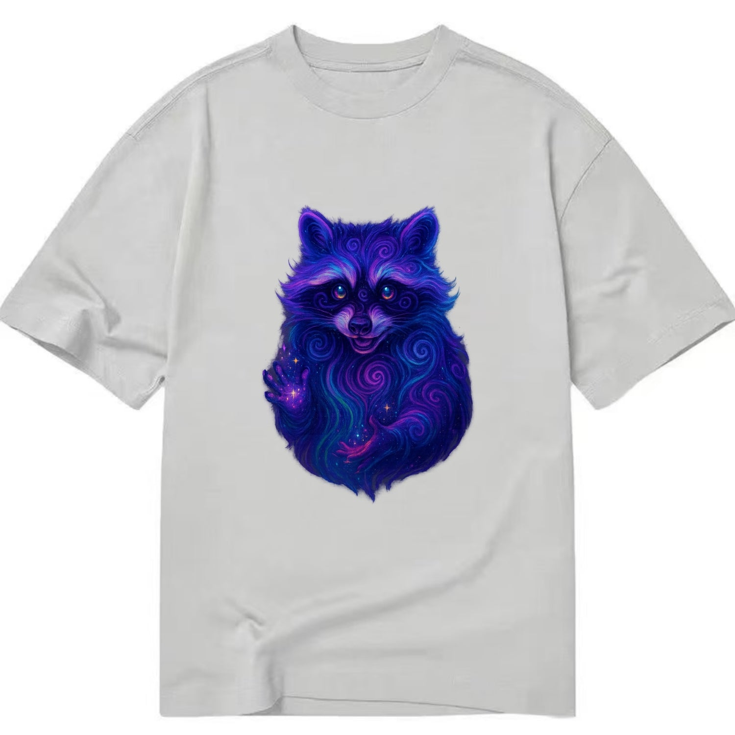 Playful raccoon with mask swirling in hypnotic patterns, neon purple and green - Classic T-shirt - Grey