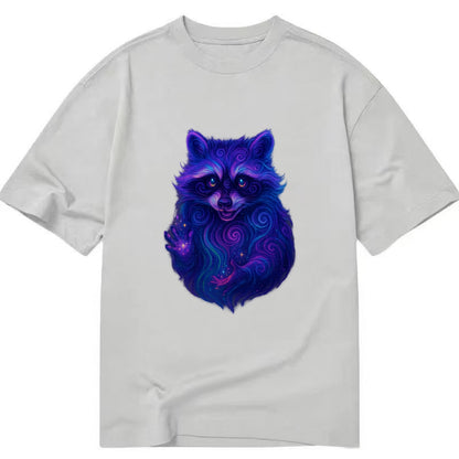 Playful raccoon with mask swirling in hypnotic patterns, neon purple and green - Classic T-shirt - Grey