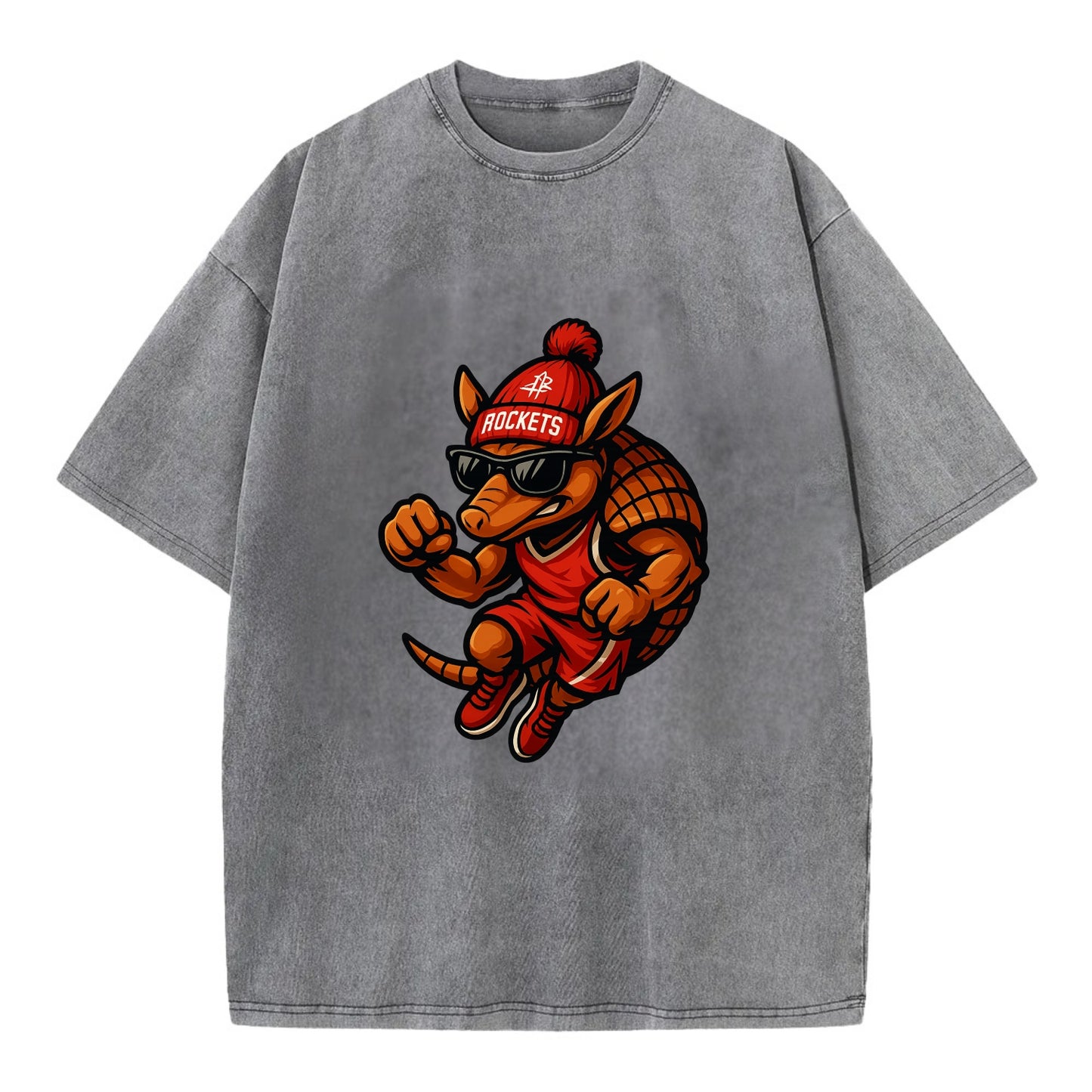 Houston Armadillo wearing Rockets red and silver beanie with rocket ship and - Vintage T-shirt - Grey