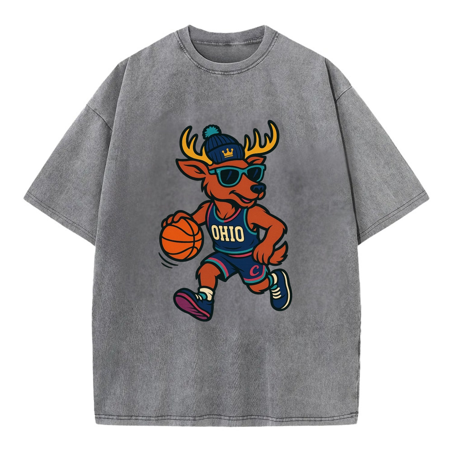 Ohio Deer wearing Cavs beanie with crown patch and wayfarer sunglasses - Vintage T-shirt - Grey