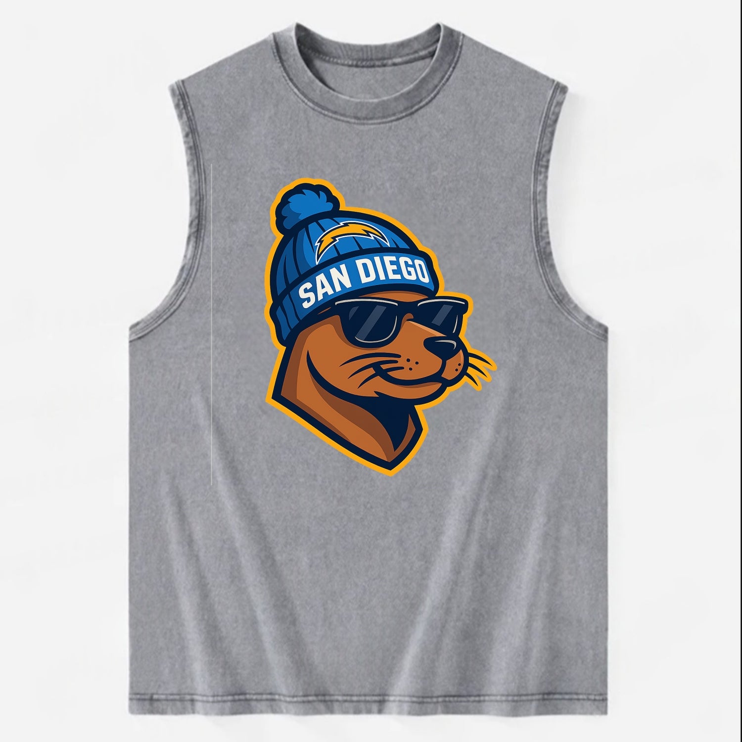 San Diego Sea Lion wearing Chargers beanie with bolt patch and wayfarer - Vintage Washed Tank - Grey
