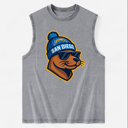 San Diego Sea Lion wearing Chargers beanie with bolt patch and wayfarer - Vintage Washed Tank - Grey