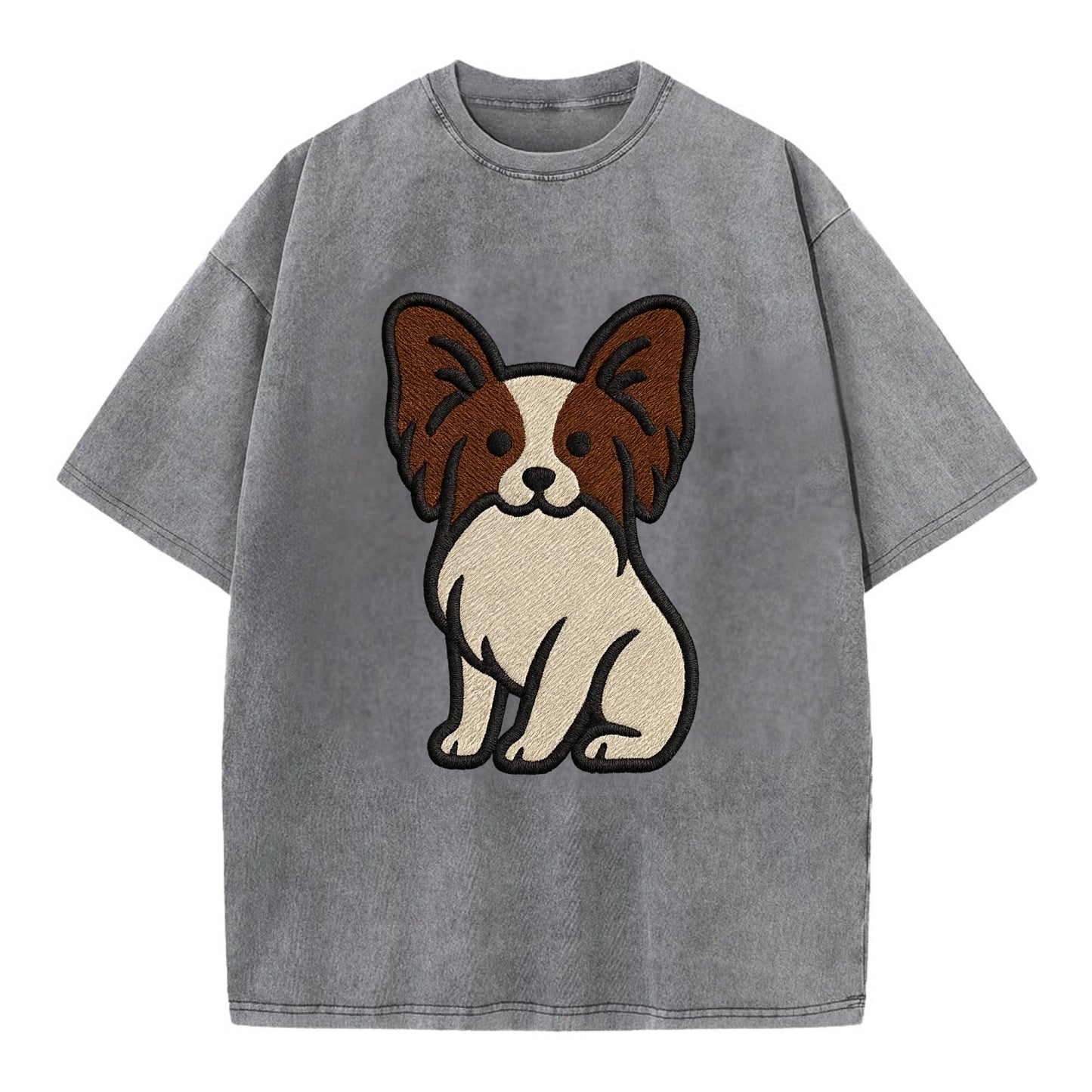 Papillon - White with brown ears sitting Vintage T-shirt - Grey