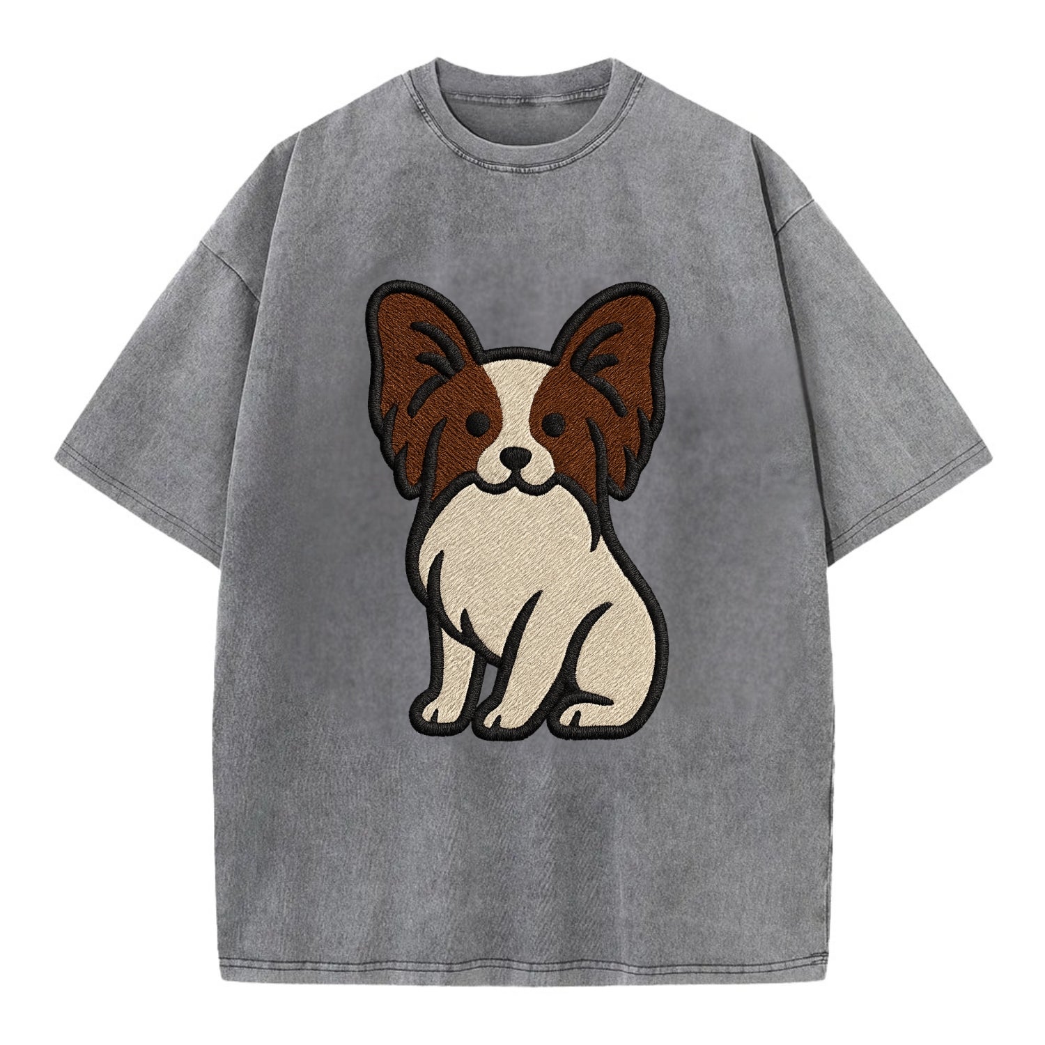 Papillon - White with brown ears sitting Vintage T-shirt - Grey