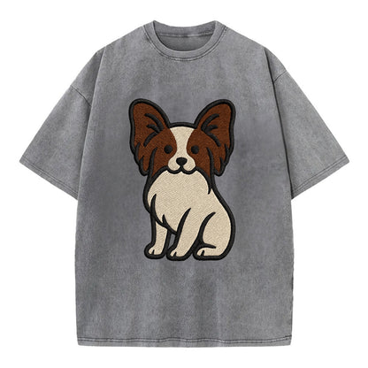 Papillon - White with brown ears sitting Vintage T-shirt - Grey