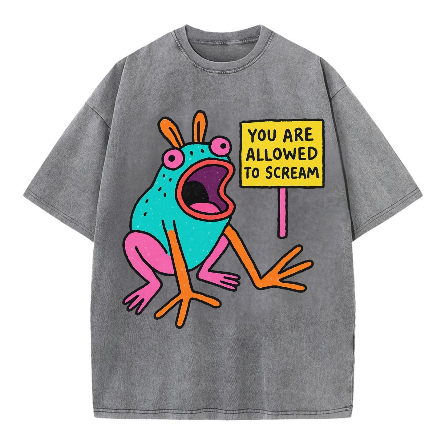 YOU ARE ALLOWED TO SCREAM | Open-mouthed frog mid-scream - Vintage T-shirt - Grey
