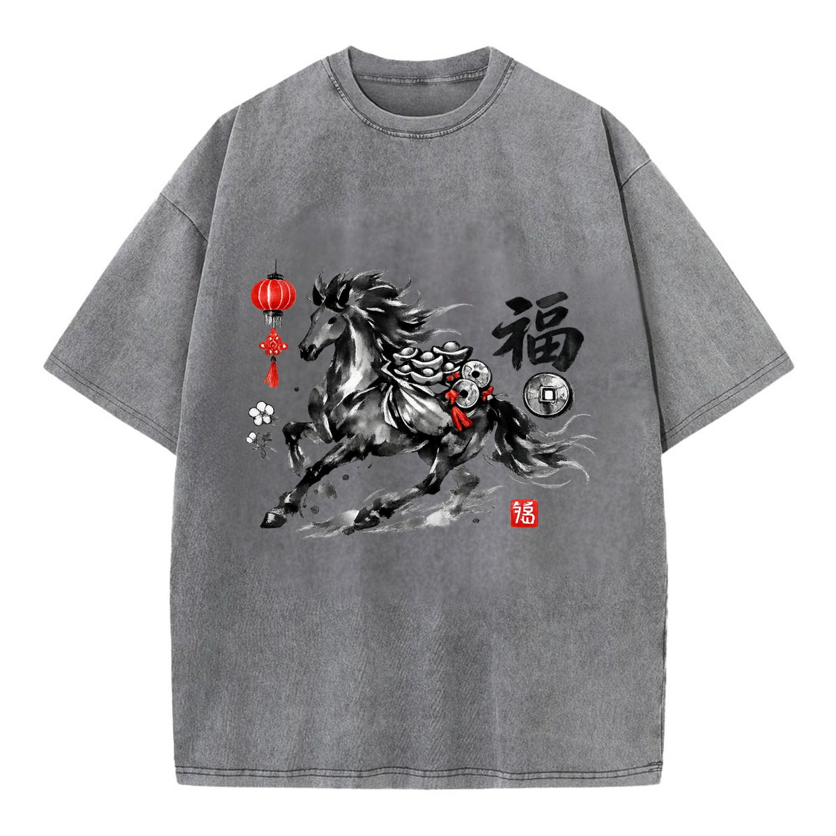 PROSPERITY HORSE | Horse carrying gold ingots and coins | Chinese knot - Vintage T-shirt - Grey