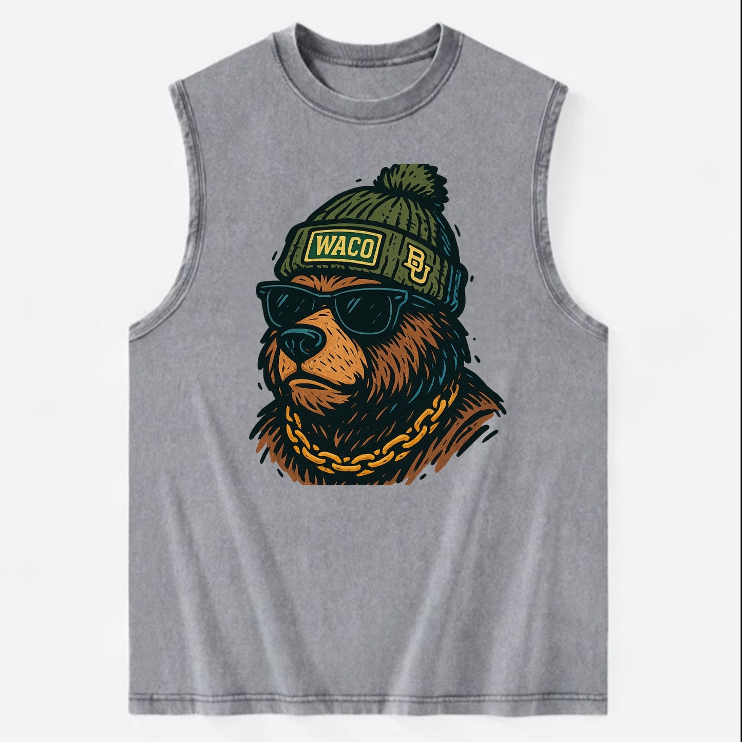 Waco Bear wearing Baylor beanie with BU patch - Vintage Washed Tank - Grey