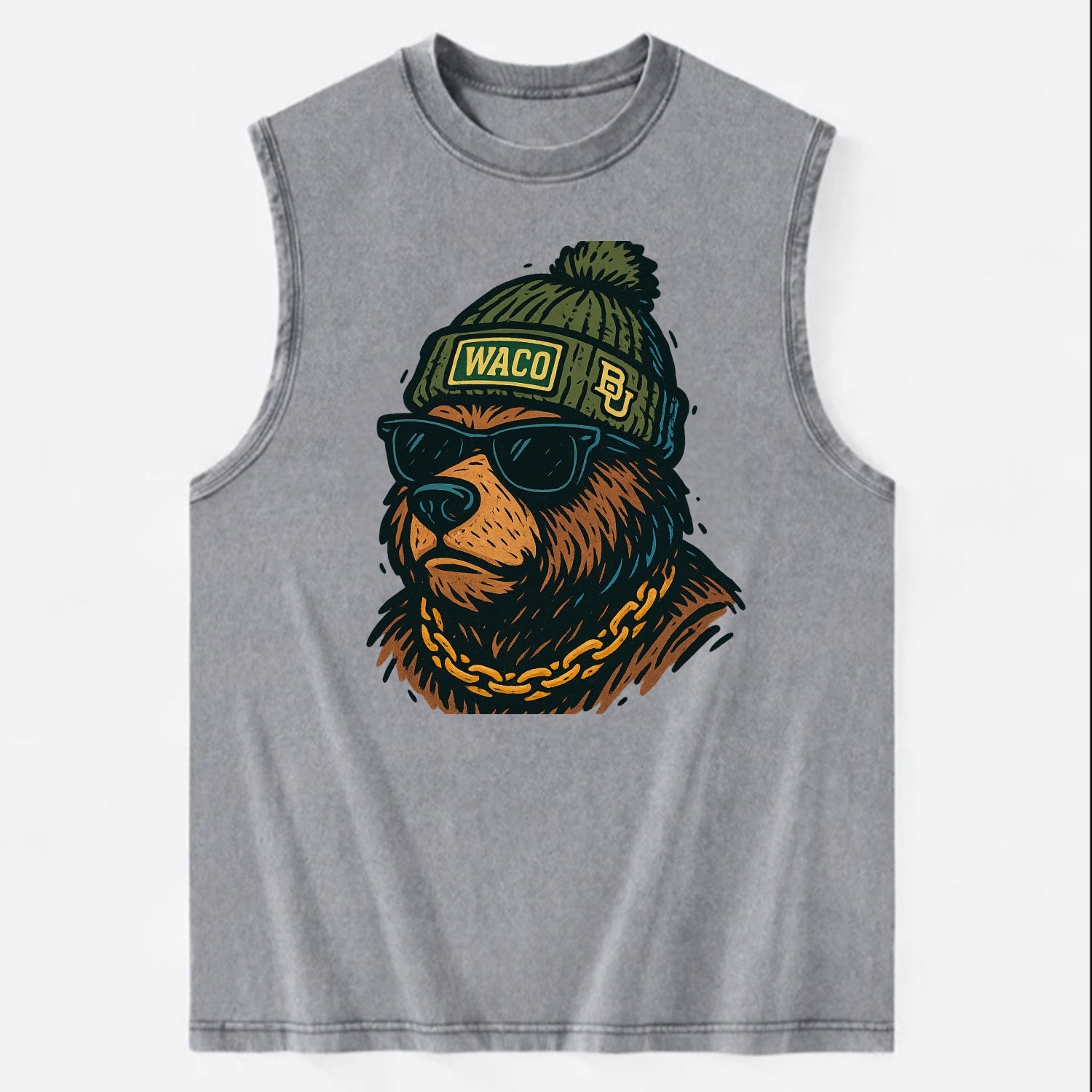 Waco Bear wearing Baylor beanie with BU patch - Vintage Washed Tank - Grey