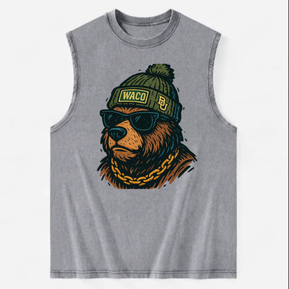 Waco Bear wearing Baylor beanie with BU patch - Vintage Washed Tank - Grey