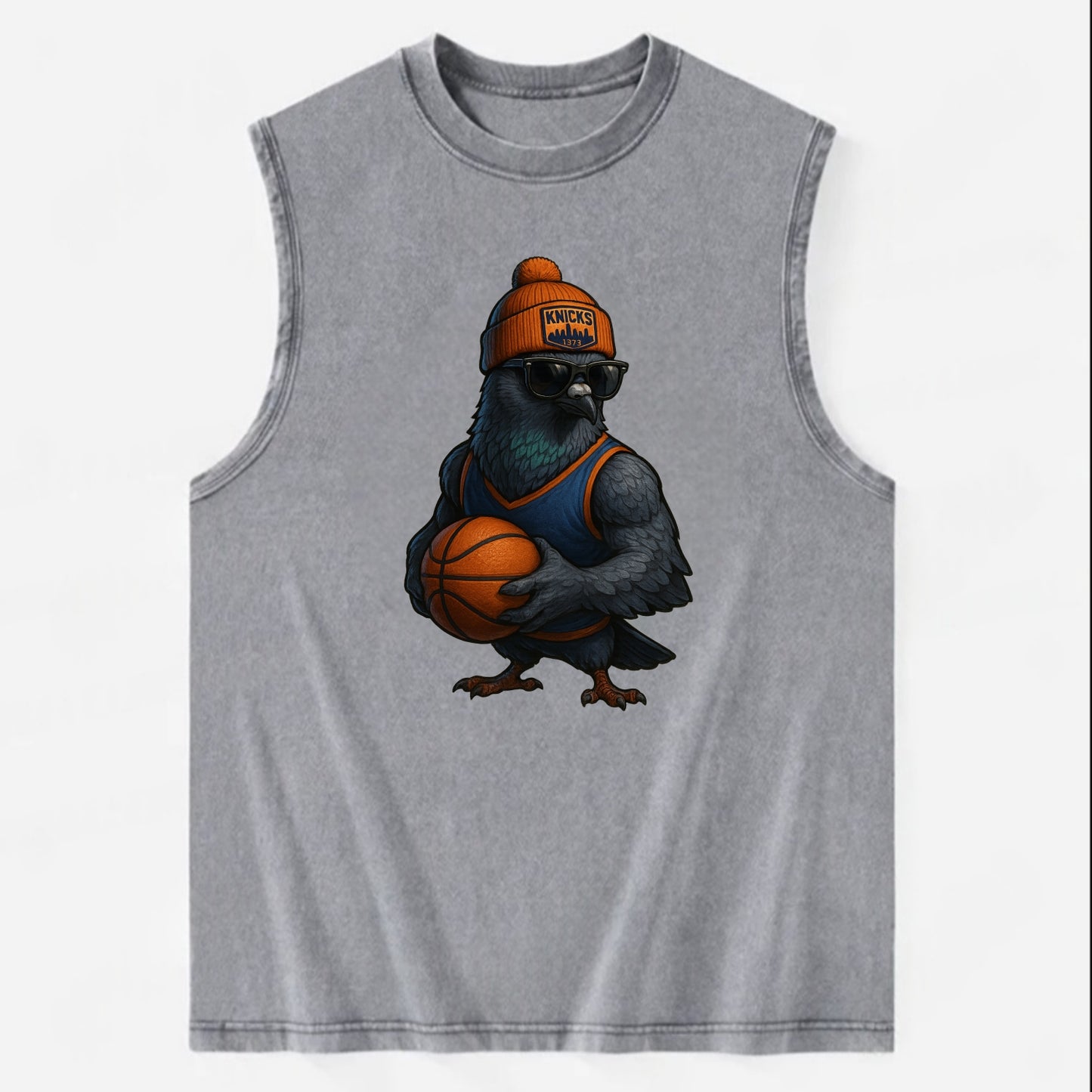 Manhattan Pigeon wearing Knicks beanie with skyline patch and wayfarer - Vintage Washed Tank - Grey