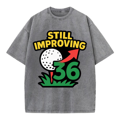 Handicap number getting higher with arrow - "Still Improving" - optimistic - Vintage T-shirt - Grey