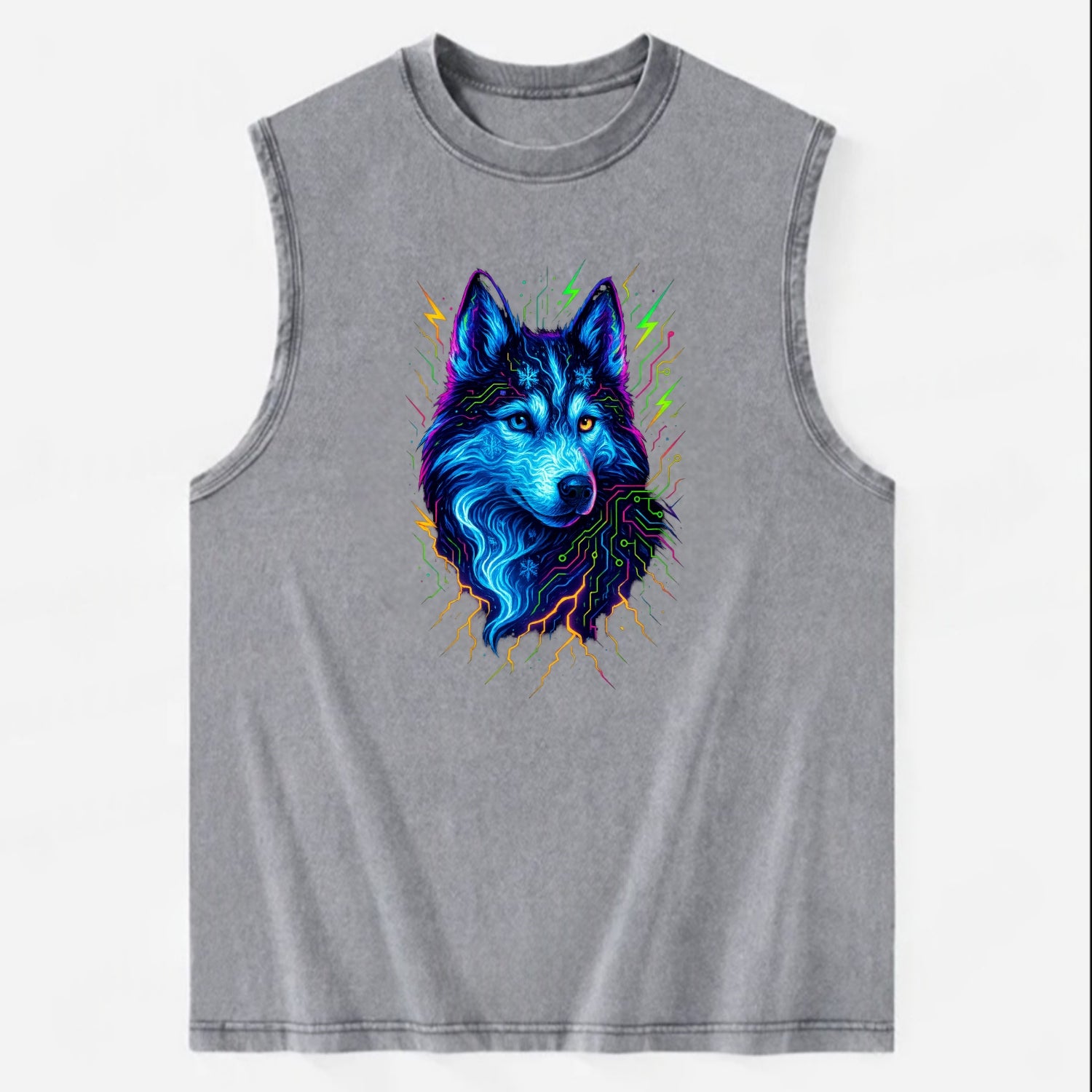 Siberian husky with ice-crystal flowing patterns, electric blue and white - Vintage Washed Tank - Grey